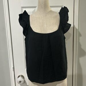 Gap Blouse Top Small Ruffle Gauze flutter Sleeve Black square neckline Cropped